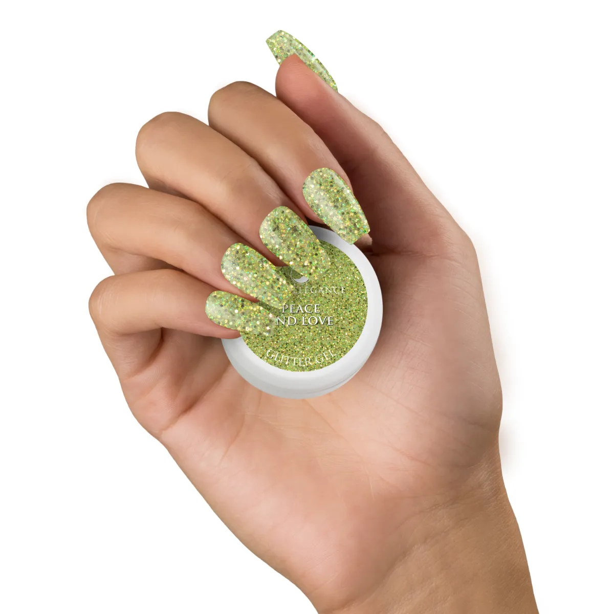 Light Elegance P+ Peace and Love glitter gel neglelakk 10 ml limegrønn