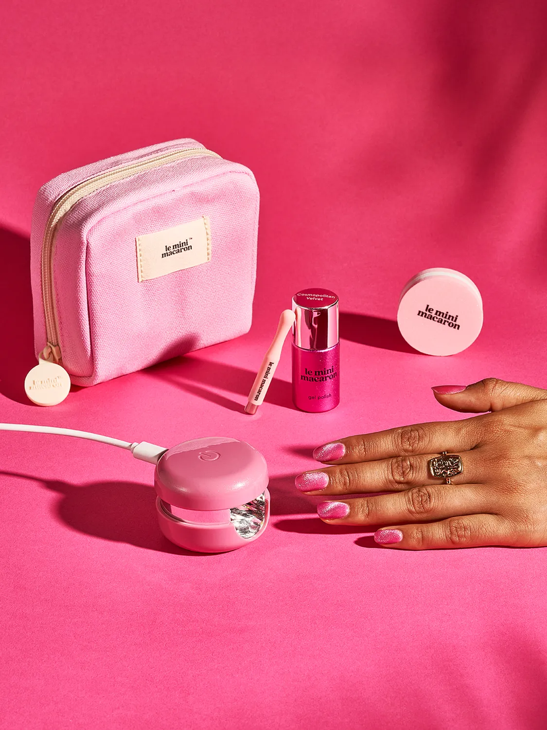Le Mini Macaron Velvet Cat Eye gelsett med lampe rosa