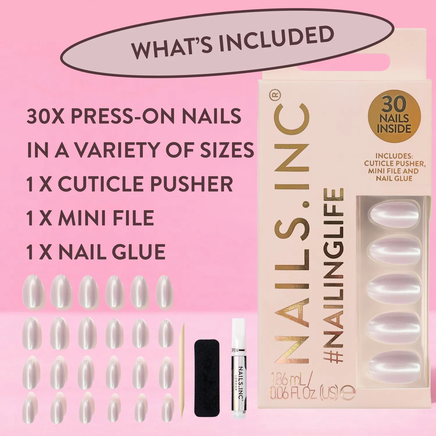 Nails Inc London Just Like Hailey press-on negler chrome rosa