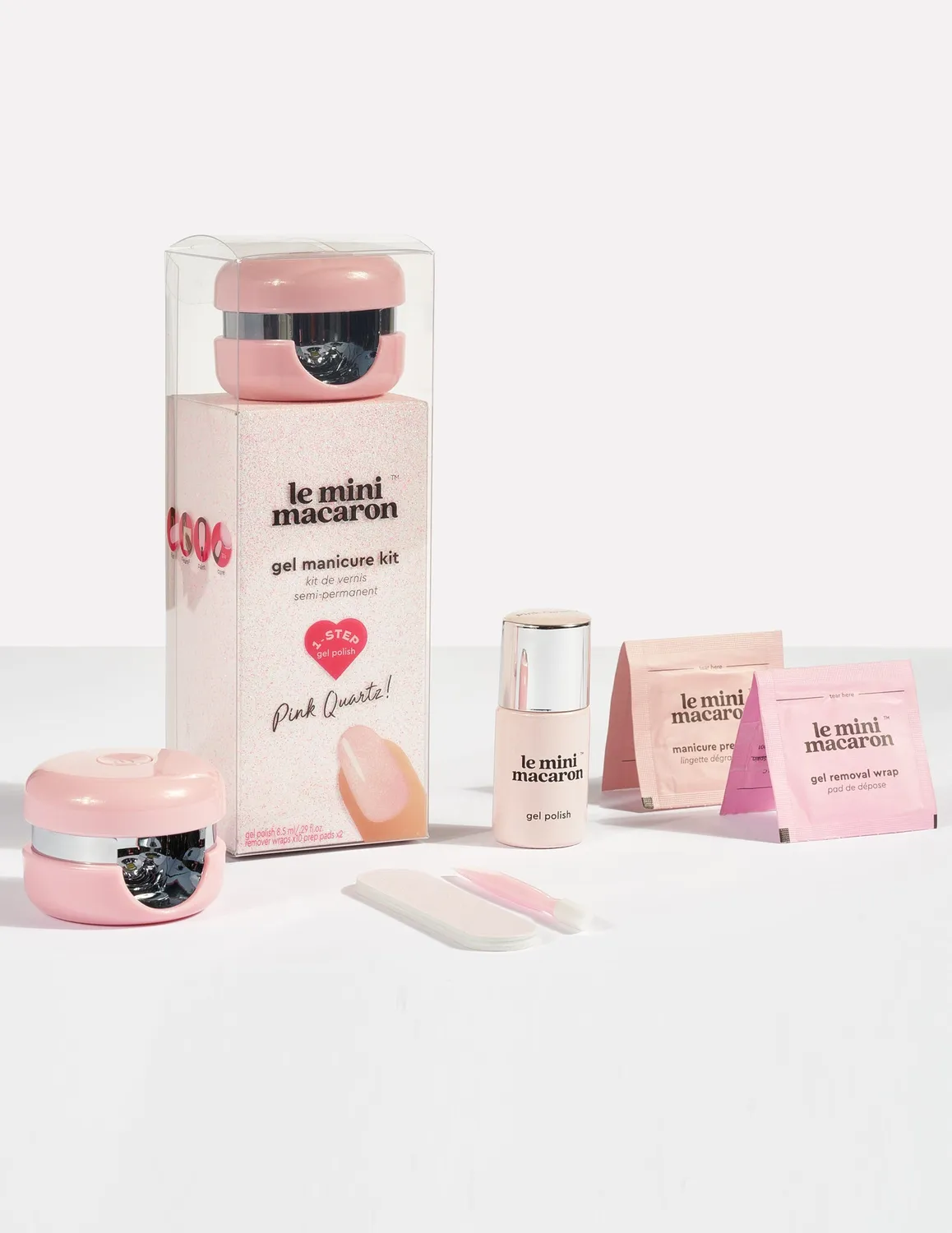 Le Mini Macaron Pink Quartz gelmanikyrsett med lampe 10-14 dager